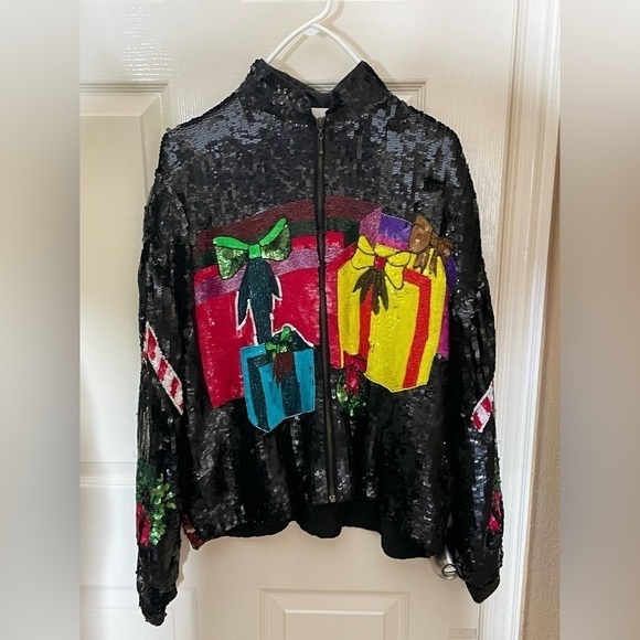 Vintage  Christmas Bomber Jacket Med  Silk Sequined All Over Party​​​​​​​​​​​​​​ - Picture 9 of 11